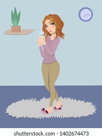 girl in pajamas and a cup of coffee. In the morning. young woman at home