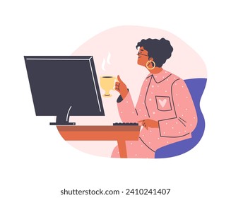 Girl in pajamas with cup of hot drink working at computer. Freelancer home comfortable remote workplace. Freelance lifestyle concept. Flat vector illustration on abstract background.