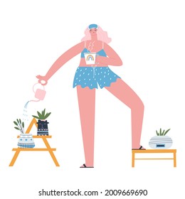 A girl in pajamas is drinking her morning coffee and watering her houseplants from a small watering can. Stylish flat vector illustration