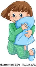A Girl in Pajamas Hugging Pillow illustration