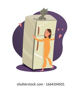 girl in pajamas hugs the refrigerator vector illustration