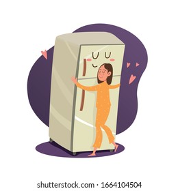 girl in pajamas hugs the refrigerator vector illustration