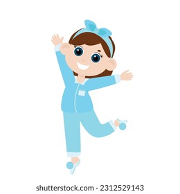Girl in pajamas isolated on a white background. The child is happy and joyful. The girl is very lively, it seems that she is not ready for sleep.