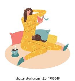 Girl in pajamas reading a book while sitting on pillows and drinking tea. Book lover concept. Flat hand drawn vector character illustration.