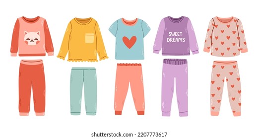 Girl pajamas set. Textile night clothes for kids sleepwear bedtime pajamas vector colored pictures