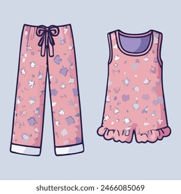 Girl pajamas set. Textile night clothes for kids sleepwear pajamas. Cute pink nightwear collection. Things for the good sleep. Cozy house clothes isolated on hellblau background. Vector illustration