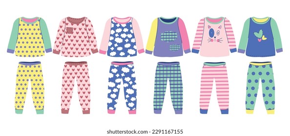 Girl pajamas set. Textile nightwear for children. Vector colored illustration isolated on white background.