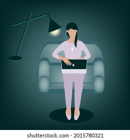 Girl in pajamas sits in a chair with laptop computer - vector. Passing time at night, late in the evening. Internet addiction. Doom scroll.
