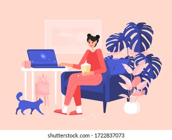 Girl in pajamas is sitting in a chair with popcorn and is going to watch a movie on a laptop. Colorful vector illustration in flat cartoon style. Home plants and cat.