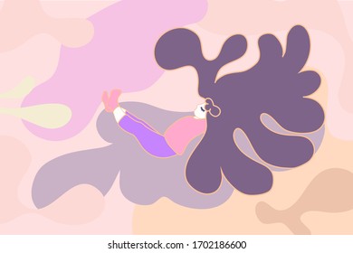 The girl in pajamas sleeps with his hands under his head. Flat style smooth lines. The concept of rest, relaxation, serenity, in pastel colors. Vector illustration of home holiday