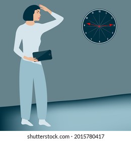 Girl in pajamas, surprised looks at the wall clock, smartphone in hand - vector. Passing time at night, late in the evening. Internet addiction. Doom scroll.