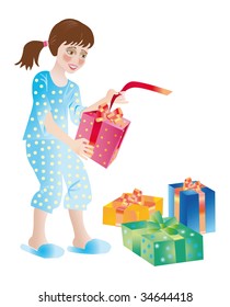 A girl in pajamas takes apart the got gifts on a holiday