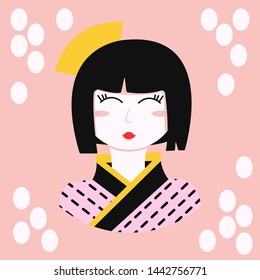A girl with a pale face. Black hair. Geisha. Japanese lady. 
traditional kimono costume.