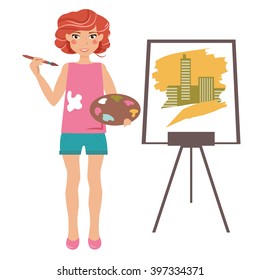 Girl with the palette near the easel. Illustration on white background. Vector isolated illustration. Cartoon character.