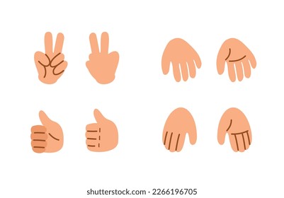 Girl palms for animation set. Two fingers, thumb and open hand. Friendly gestures, positivity and optimism. Emotions and expression. Cartoon flat vector illustrations isolated on white background