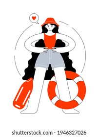 A girl in a panama hat and a swimsuit works as a lifeguard at the sea. Lifebuoy. Flat outline vector illustration