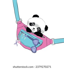 Girl panda bag illustration. Girl child tshirt pattern design. T shirt trendy. Fashion graphic pattern