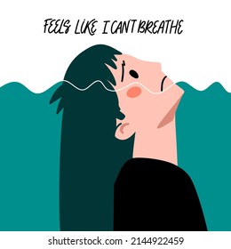 Girl with panic attack flat concept vector illustration. Drowning man man with mental disorder. Schizophrenia, anxiety, thoughts, fear creative idea. 