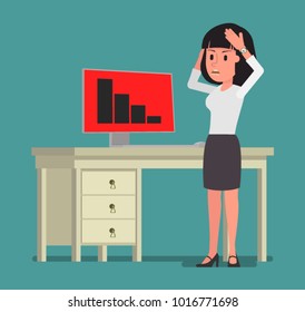 The girl is panicking when she sees a drop in performance on the computer screen. Vector illustration. Suitable for animation (individual segments)