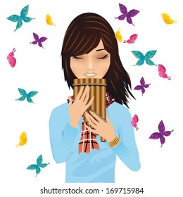 Girl with a pan's flute surrounded by butterflies vector