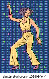 Girl In Pantsuit. Woman Disco Dance. Pop Art Retro Vector Illustration Vintage Kitsch 50s 60s