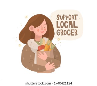 Girl with a paper bag filled with groceries. Fresh vegetables and pastries. Handwritten lettering on an abstract background, speech bubble. Inscription support the local grocers. Vector illustration.