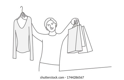 Girl with paper bags and jacket on a hanger. Line drawing vector illustration.