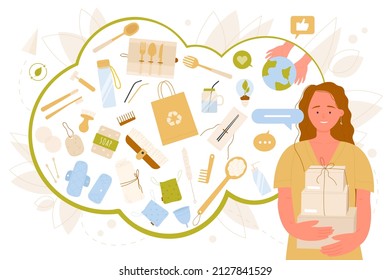 Girl With Paper Boxes And With Collection Of Reusable Hygiene Items Vector Illustration. Cartoon Person Shopping, Buying Alternative Eco Friendly Gifts Made Of Wood And Glass. Zero Waste Concept