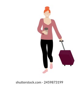 Girl with a paper cup of coffee in one hand and a suitcase in the other, isolated on white, simple illustration, flat style, minimalism