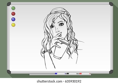 Girl with paper cup. Whiteboard hand drawn vector illustration