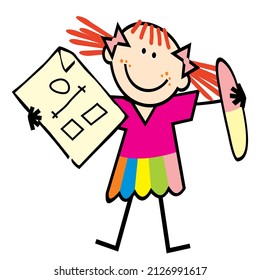 Girl with paper and eraser, funny vector illustration