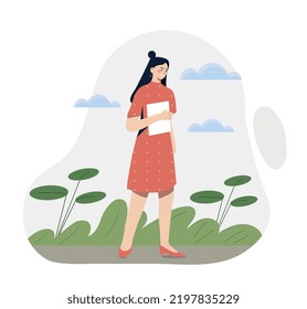 Girl with paper. Young woman goes to work. Poster or banner for website. Work process, employee in nature, outdoor. Effective daily planning, time management. Cartoon flat vector illustration