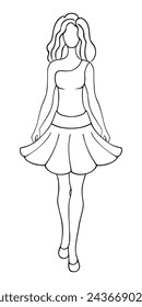 A girl parades in a summer dress. Sketch. Vector illustration. Lady wearing a one-shoulder halter top and a full, short, flared skirt. Beautiful woman with wavy hair and long legs. Doodle style. 