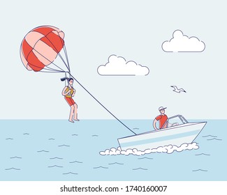 Girl parasailing with parachute in sky over water boat. Extreme summer water activity concept. Cartoon woman flying windsurfing in ocean during active vacation. Linear vector illustration