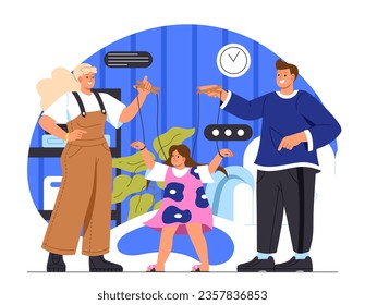 Girl with parental manipulation concept. Man and woman control threads of child. Manipulation and psychological abuse. Mother and father manage daughter. Cartoon flat vector illustration