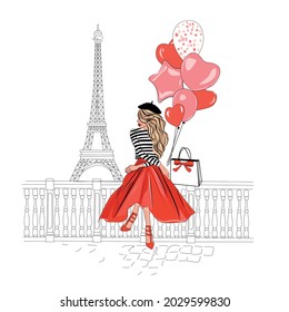 Niña en París, bolas, París, ilustración de vector Girl
