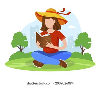 a girl in the park sits and reads an interesting book. flat vector illustration.