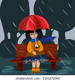 Girl in the park with an umbrella on the bench in the park.