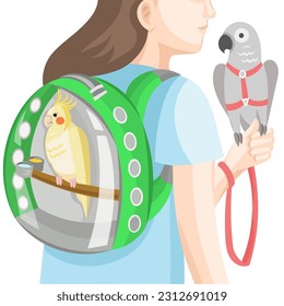 Girl with parrots in bird backpack and harness with leash during outdoor walk - vector illustration 