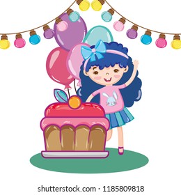 girl party with bulbs decoration and cake with balloons