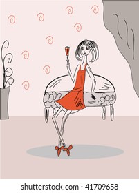 Girl at the party with cocktail sketch