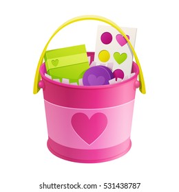 girl party favor pink bucket container filled with colorful goodies isolated on white background. vector illustration