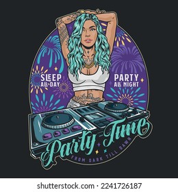 Girl party goer colorful poster with DJ mixing console for disco or music festival with dancing and fireworks vector illustration