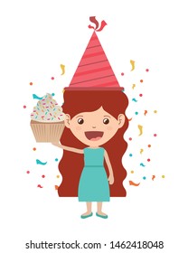 girl with party hat and cake in birthday celebration