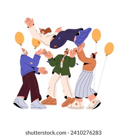 Girl in party hat celebrates birthday with friends. Colleagues congratulate with success. Happy people throw in air young woman. Festive teamwork event. Flat isolated vector illustration on white