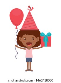 girl with party hat and helium balloon in birthday celebration