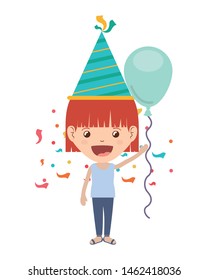 girl with party hat and helium balloon in birthday celebration