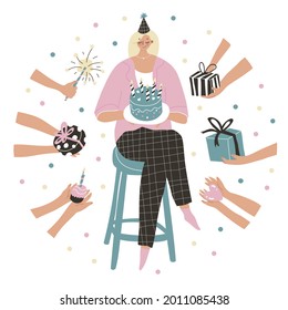 Girl in party hat sits on the chair and holds birthday cake. Hands with gifts, presents. Making wish. Fireworks. Happy birthday party. Elements isolated on white background. Vector Illustration. 