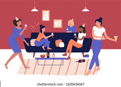 Girl party at home vector illustration. Discotheque, hen-party, soiree, holiday celebration, evening with friends. Female party visitors with wine glasses, women resting together flat characters