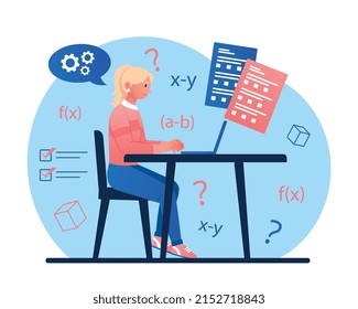 Girl passed examination. Woman at her desk trying to solve math equation, student in classroom. Education and training of young specialists, skills development. Cartoon flat vector illustration